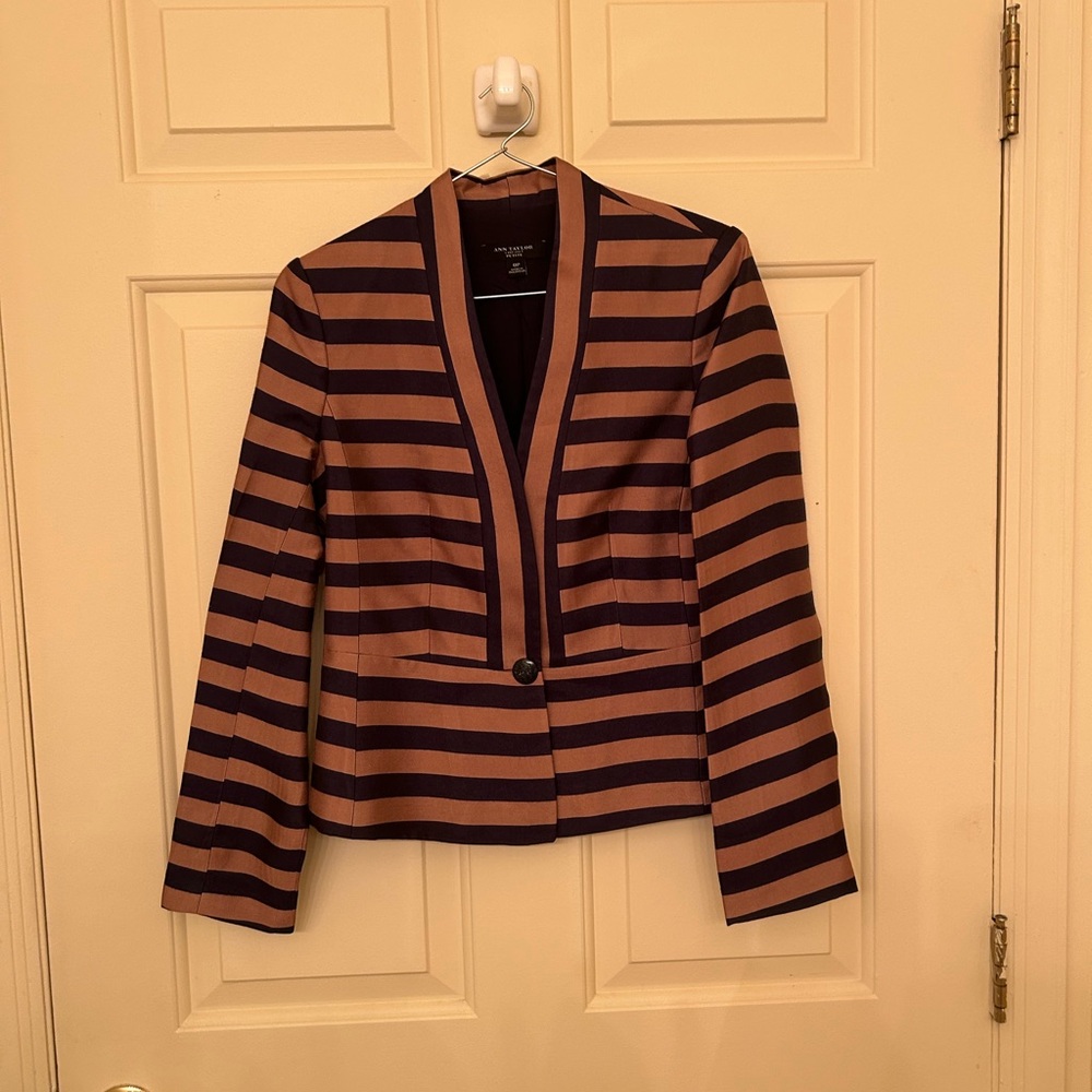 Ann Taylor Women’s Striped Peplum Single-Button Jacket - Navy & Brown size 0P